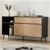 OLIVIBED Credenza con 2 Ante scorrevoli, comò con Design a Righe, Mobile con 2 cassetti e Gambe, Armadio per Soggiorno in Stile Country, Nero e Naturale, 160x40x80 cm
