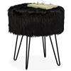 Relaxdays Sgabello Pouf in Morbido Pelo, Poggiapiedi Rotondo Imbottito, Seggiola Gambe in Acciaio, HxD: 41 x 37 cm, Nero