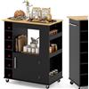 KOMFOTTEU Carrello da Cucina in Legno, Carrello di Servizio con 3 Organizzatori, Impugnatura e 6 Scomparti per vino, Isola da Cucina su Ruote con Piano in Bambù, per Sala da Pranzo, Bar (Nero)