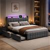 BLSYHDH Letto baule 160 x 200 con LED, letto imbottito con 4 cassetti, doppia porta di ricarica USB da comodino, letto matrimoniale grigio+lino
