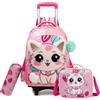 Egchescebo Zaino con Rotelle Bambina Trolley Gatto di Peluche Ragazze Asilo Scuola Elementare Primaria 17" 3PCS Set Media Carrello Ruote Valigia Ragazza per Rullo Valigia da Rimovibile Rosa