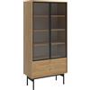 Selsey Vetrina in vetro vetrina per soggiorno, porta in vetro, altezza 85 cm, 2 cassetti, 4 scomparti, in legno di hickory naturale