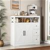 OLIVIBED Credenza Cucina con 3 Cassetti, Mobile da Cucina con Piano e 2 Porta, Credenza Soggiorno Archiviazion e per Soggiorno & Ingresso, Bianco e Color Legno,100x40x105cm (Bianco)