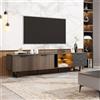 OLIVIBED Mobile TV da 200 cm, con ante in venature di legno scuro, illuminazione a LED regolabile, ripiano basso con 2 cassetti e ante, moderno per soggiorno, nero