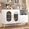 OLIVIBED Credenza con ante in vetro, mobile da cucina con 2 ante e 2 cassetti, mobile con maniglie e piedi dorati, per sala da pranzo, cucina, soggiorno, bianco e oro, 140x38x90 cm