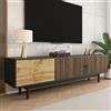 OLIVIBED Mobile TV con ante ondulate, mobile basso con 3 cassetti, armadio per TV fino a 70 pollici, tavolo TV per soggiorno, camera da letto, nero e legno, 180 x 38 x 50 cm