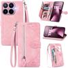 MOJIA Custodia Portafoglio per Xiaomi 17T Pro, Pelle PU Flip Cover per Telefono con Guscio Interno in TPU, Multifunzione Porta Carte con Cinturino Polso. Rosa