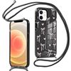 Krdvekm Cover per iPhone 12 Pro / 12 6,1'' con Cordino, Aesthetic Fiocco Cuore Motivo Disegno Nero Silicone Ragazze Case Corda con Regolabile Laccio Antiurto Antigraffio Bumper Protezione Custodia