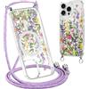 Krdvekm Cordino Cover per iPhone 15 Pro 6,1'', Aesthetic Fiori Motivo Disegno Magnetica Trasparente PC Compatibile con MagSafe Case Corda Laccio Antiurto Protettiva Custodia per Ragazze, Viola
