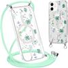 Krdvekm Cordino Cover per iPhone 12 Pro / 12 6,1'', Aesthetic Fiori Motivo Disegno Magnetica Trasparente PC Compatibile con MagSafe Case Corda Laccio Antiurto Protettiva Custodia per Ragazze, Verde