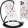 Krdvekm Cordino Cover per iPhone 15 Pro 6,1'', Aesthetic Fiori Motivo Disegno Magnetica Trasparente PC Compatibile con MagSafe Case Corda Laccio Antiurto Protettiva Custodia per Ragazze, Nero