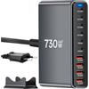 Jaxiyun 730W Stazione di Ricarica USB, Caricatore USB Multiplo PD per dispositivi da 140 W 100W e 65W, Caricabatterie Multiplo con 10 porte compatibile con MacBook, iPad, iPhone 16/15/14, DELL, HP