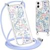 Krdvekm Cordino Cover per iPhone 12 Pro / 12 6,1'', Aesthetic Fiori Motivo Disegno Magnetica Trasparente PC Compatibile con MagSafe Case Corda Laccio Antiurto Protettiva Custodia per Ragazze, Blu