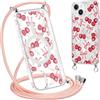 Krdvekm Cordino Cover per iPhone 14 / iPhone 13 6,1'', Aesthetic Fiocco Motivo Disegno Magnetica Trasparente PC Compatibile con MagSafe Case Corda Laccio Antiurto Custodia per Ragazze, Rosa Cherry