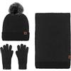 ZhuiKun Cappello Sciarpa Guanti Set da Donna Uomo Berretto con Pompon Lavorato a Maglia Sciarpa Caldi Guanti Invernali - Nero