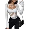 KUUFUUT Top Corto Da Donna A Maniche Lunghe, Corsetto con Stecche Di Pesce In Pizzo Bianco, Sexy, Maglietta Trasparente con Lacci, Vestibilità Slim, Bustino Y2K per Abbigliamento Quotidiano, Bianco Abbinat
