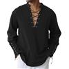 LVCBL Camicia da uomo a maniche lunghe, in lino, stile retrò, stile casual, stile medievale, vintage, vichingo, Nero , M