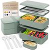 Umami Porta Pranzo Lunch Box Ermetico 4 Scomparti e Posate, Sicuro per Microonde Lavastoviglie, Portapranzo Ufficio Bento Lunchbox Prova di Perdite per Adulti Schiscetta Pranzo Verde Naturale, 1200 ml