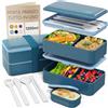 Umami Porta Pranzo Lunch Box Ermetico 4 Scomparti e Posate, Sicuro per Microonde, Lavastoviglie, Portapranzo Ufficio, Bento Lunchbox Prova di Perdite per Adulti, Schiscetta Pranzo, Blu Denim, 1200 ml