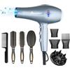 Basuwell Asciugacapelli agli ioni asciugacapelli ad asciugatura rapida 2400W Salon asciugacapelli professionale 2 velocità 3 impostazioni di calore 2 concentratori 4 pettini 1 diffusore (Grigio Argentato)