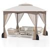 RELAX4LIFE Pergola da 3 x 3 m, con Zanzariera, Padiglione Idrorepellente con Doppio Tetto, Gazebo da Giardino con Telaio in Metallo, 8 Picchetti per il Terreno, 4 Sacchi di Sabbia (MARRONE)