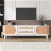 SwitchBot Mobile TV in Legno Naturale con Ante e Cassetti Supporto TV con lati in rattan. Soluzione di Stoccaggio, Naturale
