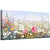 HALFLEMART Grande Stampa su tela con Cornice Fiori Selvatici Colorati Pittura Campo Fiorito con Erba Quadri su tela Cielo Blu e Nuvole Bianche Quadri Moderni Stampe da Parete Soggiorno Camera da Letto 50x100cm