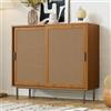 OLIVIBED Credenza a 2 ante scorrevoli, mobile buffet da cucina con ripiani regolabili e piano di lavoro, credenza in stile rustico, credenza in legno e rattan, mobile da cucina per soggiorno, sala da pranzo