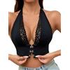 GORGLITTER Reggiseno da donna senza ferretto, elegante, allacciatura al collo, con chiusura frontale, in pizzo, a triangolo, bralette, Nero , XL