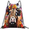 Generic Zaino con Coulisse Highland Cow Flower Drawstring Backpack Impermeabile Sportiva Zainetto Pieghevole Sacca da Palestra per Viaggi Unisex Scuola