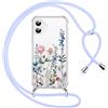 Xylota Cover per iPhone 16 6,1'' con Cordino, Aesthetic Fiori Motivo Disegni Trasparente Custodia con Regolabile Tracolla Laccio Collana Case, Silicone Protettiva Custodie per iPhone 16, Blu