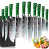 FIVE COWS Set Coltelli da Cucina, 10pz, con Coltelli da disosso, Coltelli per frutta e Coltelli da Chef, Manico in resina, Acciaio Inossidabile, Damasco, set coltelli da cucina professionali(Verde)