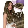 Fshine Extension Capelli Veri Clip 35 cm 120 g Extension Clip Capelli Veri Lisci 7 pcs Castano Medio con Biondo e Marrone Medio Balayage Clips in Estensioni Umani 4 27 4