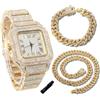 genkigold Orologio con Diamanti per Ragazzi - Quadrante Quadrato 40mm con Numeri Romani - Placcato in Oro 18K Cinturino 18,5cm - Include Strumento di Regolazione, Abbinato a Catene Cubane 18cm+40cm