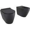 Arreditaly Coppia Sanitari Filomuro Filo Muro Filo Parete Vaso WC Rimless Senza Brida Tornado Flush E Bidet Design Moderno In Ceramica Con Copriwater Chiusura Soft Close Rallentata Nero Opaco