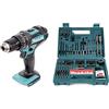Makita, trapano avvitatore a percussione, a batteria, DHP 482 Z, 18 V, 62 Nm, "Solo", con set di punte e inserti di Makita da 100 pezzi