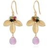 WANDA PLATA Orecchini lunghi dorati con quarzo rosa e tormalina, pietre naturali per donna e ragazza, con foglie, placcati in oro 18 K, fatti a mano, regalo originale in scatola