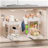 Braozaiw Organizer regolabile sotto il lavandino con cestini estraibili a 2 livelli e asta telescopica, per cucina, bagno, armadietto (bianco)