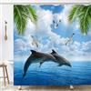 OCEUMACO Delfini Tenda Doccia Antimuffa 240x200 cm Grande Tessuto Poliestere Tenda per Doccia Gabbiani Oceano Blu Stoffa Impermeabile Tende Vasca da Bagno con Anelli Lavabile Lavatrice