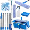 ddLUCK Kit professionale per pulisci dei vetri con secchio da 16L, manico lungo telescopico 2M, tergivetro silicone, spugna microfibra, flacone spray, panno, kit di pulizia per la doccia con finestre alte