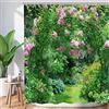 Hnmdmyi Tenda da doccia giardino 180x200, 3D floreale tende da doccia verde foglie rosa fiore italiano giardino paesaggio naturale tenda da bagno impermeabile poliestere tessuto tenda da bagno