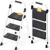 KINGRACK Scaletta 3 Gradini, Scala Pieghevole Portata 360 kg, con Blocco di Sicurezza, Ampio Pedale Antiscivolo, Corrimano, Scala Domestica Leggera in Acciaio, per Casa Cucina Armadi Ufficio, Bianco