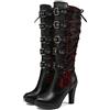 CRETUAO Stivali Alti al Ginocchio Tacco Alto Donna,Stivali Cavaliere Fibbia Rivetto alla Moda,Stivali Lunghi Tacco Alto Steampunk Sexy,Décolleté Cerniera PosteriorePannello in Pizzo,Rosso,37.5 EU