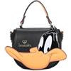 Braccialini Shape Lt Borsa a mano in similpelle nera con manico singolo e tracolla regolabile e removibile, impreziosita da una maxi applicazione frontale con il volto di Daffy Duck in rilievo e