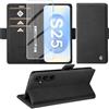 Giyer Cover per Samsung Galaxy S25 Custodia con Vetro Temperato, Premium Pelle PU Portafoglio Slot per Scheda RFID Antifurto Funzione Supporto Flip Case, Antiurto per Samsung S25 5G Cover (Nero)