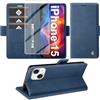 Giyer Cover per iPhone 15 Custodia con Vetro Temperato, Premium PU Portafoglio Slot per Scheda RFID Antifurto Funzione Supporto Flip Case, Antiurto per iPhone 15 5G Cover (Blu)