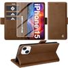Giyer Cover per iPhone 15 Custodia con Vetro Temperato, Premium PU Portafoglio Slot per Scheda RFID Antifurto Funzione Supporto Flip Case, Antiurto per iPhone 15 5G Cover (Marrone)