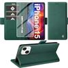 Giyer Cover per iPhone 15 Custodia con Vetro Temperato, Premium PU Portafoglio Slot per Scheda RFID Antifurto Funzione Supporto Flip Case, Antiurto per iPhone 15 5G Cover (Verde)