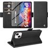 Giyer Cover per iPhone 15 Custodia con Vetro Temperato, Premium PU Portafoglio Slot per Scheda RFID Antifurto Funzione Supporto Flip Case, Antiurto per iPhone 15 5G Cover (Nero)