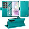 Giyer Cover per Samsung Galaxy A36 5G Custodia con Vetro Temperato, Premium Pelle PU Portafoglio Slot per Scheda RFID Antifurto Funzione Supporto Flip Case, Antiurto per Samsung A36 5G Cover (Ciano)